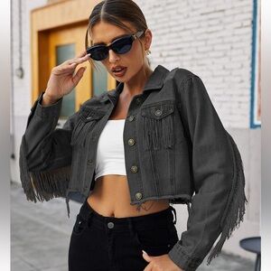 New Black Fringe Cropped Denim Jacket